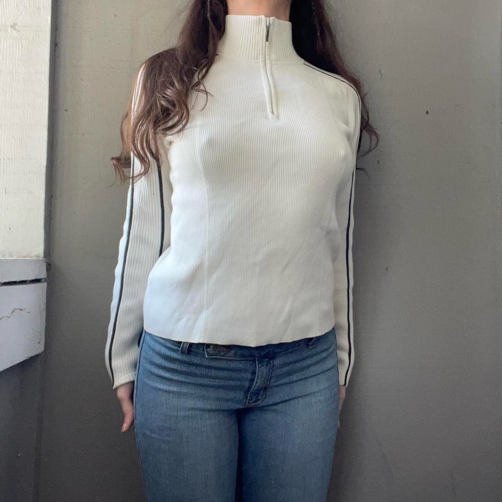 Tommy hilfiger white and black turtleneck quarter zip up sweater
